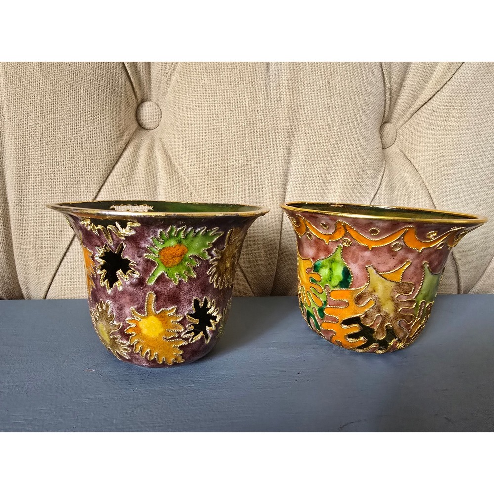 Vintage Cloisonné Enamel Bowls Set – Decorative Candle Holders / Mini Planters